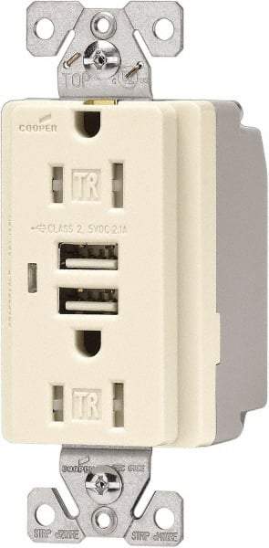 Cooper Wiring Devices - 2 USB Port, 2 Receptacle, 125 VAC, 5 VDC USB Receptacle - 5-15R NEMA Configuration, 15 Amp, Light Almond, 2.1 Amp Charging Power, Automatic Grounding, Screw Mount - Americas Industrial Supply