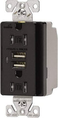 Cooper Wiring Devices - 2 USB Port, 2 Receptacle, 125 VAC, 5 VDC USB Receptacle - 5-15R NEMA Configuration, 15 Amp, Black, 2.1 Amp Charging Power, Automatic Grounding, Screw Mount - Americas Industrial Supply