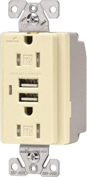 Cooper Wiring Devices - 2 USB Port, 2 Receptacle, 125 VAC, 5 VDC USB Receptacle - 5-15R NEMA Configuration, 15 Amp, Almond, 2.1 Amp Charging Power, Automatic Grounding, Screw Mount - Americas Industrial Supply