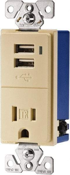 Cooper Wiring Devices - 2 USB Port, 1 Receptacle, 125 VAC, 5 VDC USB Receptacle - 5-15R NEMA Configuration, 15 Amp, Ivory, Screw Mount - Americas Industrial Supply