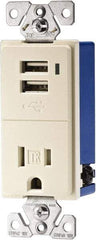 Cooper Wiring Devices - 2 USB Port, 1 Receptacle, 125 VAC, 5 VDC USB Receptacle - 5-15R NEMA Configuration, 15 Amp, Light Almond, Screw Mount - Americas Industrial Supply