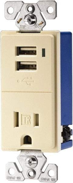 Cooper Wiring Devices - 2 USB Port, 1 Receptacle, 125 VAC, 5 VDC USB Receptacle - 5-15R NEMA Configuration, 15 Amp, Almond, Screw Mount - Americas Industrial Supply