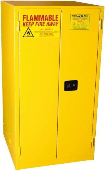 PRO-SAFE - 2 Door, 2 Shelf, Yellow Steel Standard Safety Cabinet for Flammable and Combustible Liquids - 65" High x 34" Wide x 34" Deep, Self Closing Door, 3 Point Key Lock, 60 Gal Capacity - Americas Industrial Supply