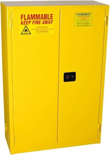 PRO-SAFE - 2 Door, 2 Shelf, Yellow Steel Standard Safety Cabinet for Flammable and Combustible Liquids - 65" High x 43" Wide x 18" Deep, Self Closing Door, 3 Point Key Lock, 45 Gal Capacity - Americas Industrial Supply