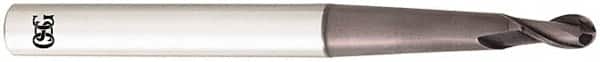 OSG - 12mm Diam, 22mm LOC, 2 Flute Solid Carbide Ball End Mill - TiAlN Finish, Single End, 160mm OAL, 16mm Shank Diam, Spiral Flute - Americas Industrial Supply