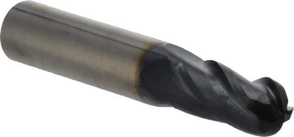 OSG - 29/64" Diam, 1" LOC, 4 Flute Solid Carbide Ball End Mill - TiAlN Finish, Single End, 3" OAL, 1/2" Shank Diam, Spiral Flute - Americas Industrial Supply