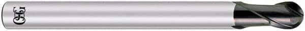 OSG - 5/16" Diam, 15/32" LOC, 2 Flute Solid Carbide Ball End Mill - TiAlN Finish, Single End, 3-3/16" OAL, 5/16" Shank Diam, Spiral Flute - Americas Industrial Supply