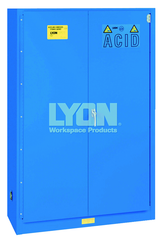Acid Storage Cabinet - #5545 - 43 x 18 x 65" - 45 Gallon - w/2 shelves, three poly trays, bi-fold self-closing door - Blue Only - Americas Industrial Supply