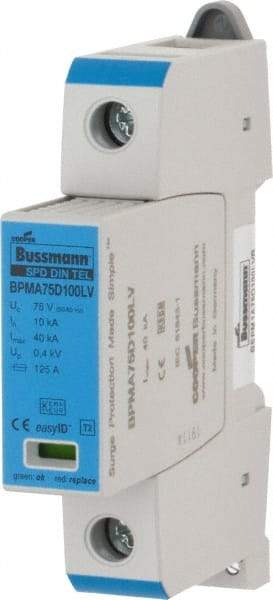 Cooper Bussmann - 1 Pole, 1 Phase, 10 kA Nominal Current, 90mm Long x 18mm Wide x 65mm Deep, Thermoplastic Hardwired Surge Protector - DIN Rail Mount, 100 VDC, 75 VAC, 100 VDC, 75 VAC Operating Voltage, 40 kA Surge Protection - Americas Industrial Supply