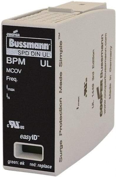 Cooper Bussmann - 1 Pole, 1 Phase, 20 kA Nominal Current, 90mm Long x 18mm Wide x 65mm Deep, Thermoplastic Hardwired Surge Protector - DIN Rail Mount, 125 kA Short Circuit Current, 347 VAC, 600 VAC Operating Voltage, 40 kA Surge Protection - Americas Industrial Supply