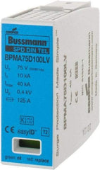 Cooper Bussmann - 1 Pole, 1 Phase, 10 kA Nominal Current, 90mm Long x 18mm Wide x 65mm Deep, Thermoplastic Hardwired Surge Protector - DIN Rail Mount, 100 VDC, 75 VAC, 100 VDC, 75 VAC Operating Voltage, 40 kA Surge Protection - Americas Industrial Supply