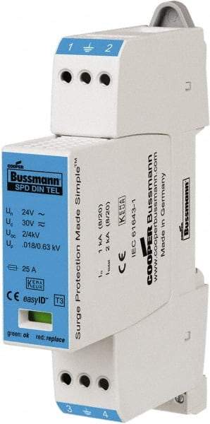 Cooper Bussmann - 2 Pole, 1 Phase, 1 kA Nominal Current, 90mm Long x 18mm Wide x 66mm Deep, Thermoplastic Hardwired Surge Protector - DIN Rail Mount, 48 VAC/VDC, 60 VAC/VDC Operating Voltage, 2 kA Surge Protection - Americas Industrial Supply