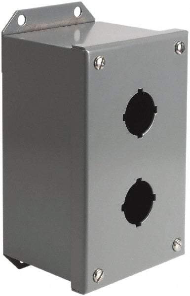 Square D - 2 Hole, 30mm Hole Diameter, Steel Pushbutton Switch Enclosure - 4-3/4 Inch High x 4.17 Inch Wide x 3.62 Inch Deep, 1, 3, 14 NEMA Rated - Americas Industrial Supply