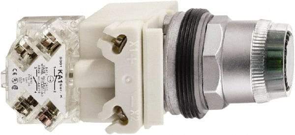 Schneider Electric - 1.22 Inch Mount Hole, Flush, Pushbutton Switch with Contact Block - Round, Illuminated, Momentary (MO), Dusttight, Oiltight, Watertight and Shock and Vibration Resistant - Americas Industrial Supply