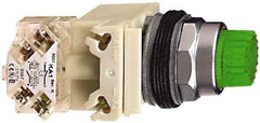 Schneider Electric - 1.22 Inch Mount Hole, Flush, Pushbutton Switch with Contact Block and Transformer - Round, Green Pushbutton, Illuminated, Momentary (MO), Dusttight, Oiltight, Watertight and Shock and Vibration Resistant - Americas Industrial Supply