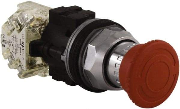 Square D - 1.18 Inch Mount Hole, Extended Mushroom Head, Pushbutton Switch Only - Round, Red Pushbutton, Nonilluminated, Shock and Vibration Resistant, Maintainted (MA) - Americas Industrial Supply