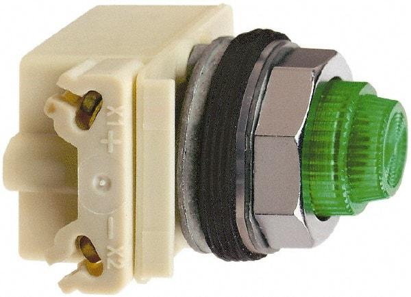 Square D - 120 V Green Lens LED Indicating Light - Round Lens, Screw Clamp Connector, 70mm OAL x 54mm Wide, Shock Resistant, Vibration Resistant - Americas Industrial Supply