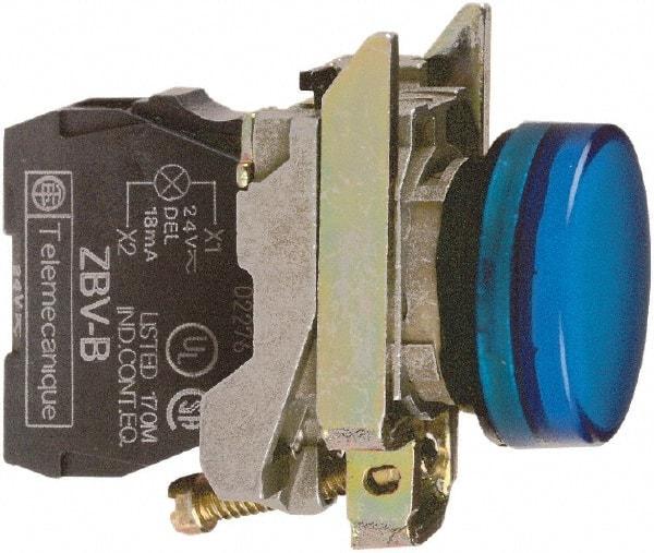 Square D - 110-120 VAC Blue Lens LED Indicating Light - Round Lens, Screw Clamp Connector, 46.5mm OAL x 30mm Wide, Shock Resistant, Vibration Resistant - Americas Industrial Supply