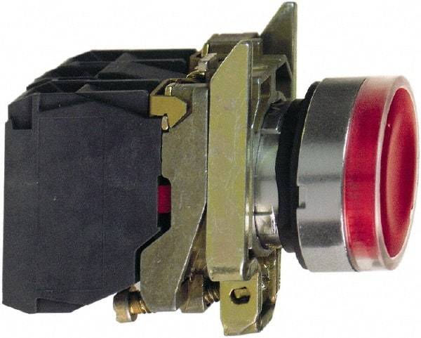 Schneider Electric - 22mm Mount Hole, Flush, Pushbutton Switch with Contact Block - Round, Red Pushbutton, Illuminated, Momentary (MO) - Americas Industrial Supply