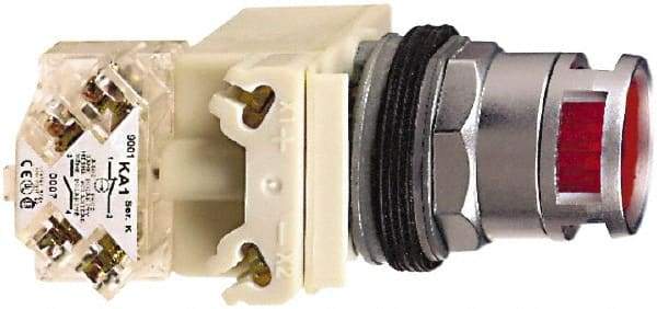 Schneider Electric - 1.22 Inch Mount Hole, Flush, Pushbutton Switch with Contact Block - Round, Illuminated, Momentary (MO), Dusttight, Oiltight, Watertight and Shock and Vibration Resistant - Americas Industrial Supply