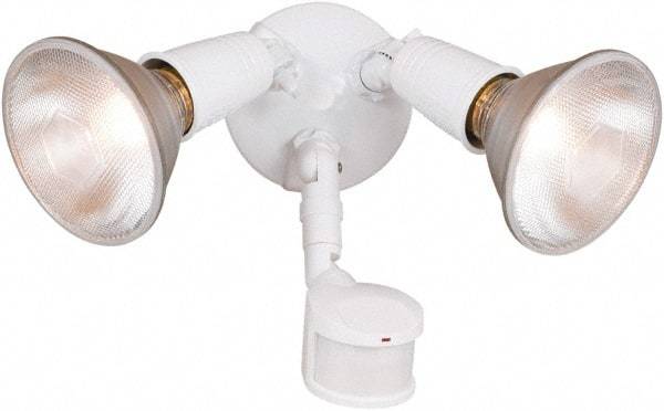 Cooper Lighting - 2 Head, 70 Ft. Detection, 180° Angle, PAR Lamp Motion Sensing Light Fixture - 120 Volt, 300 Watt, Metal White Housing, Wall, Eave Mounted - Americas Industrial Supply