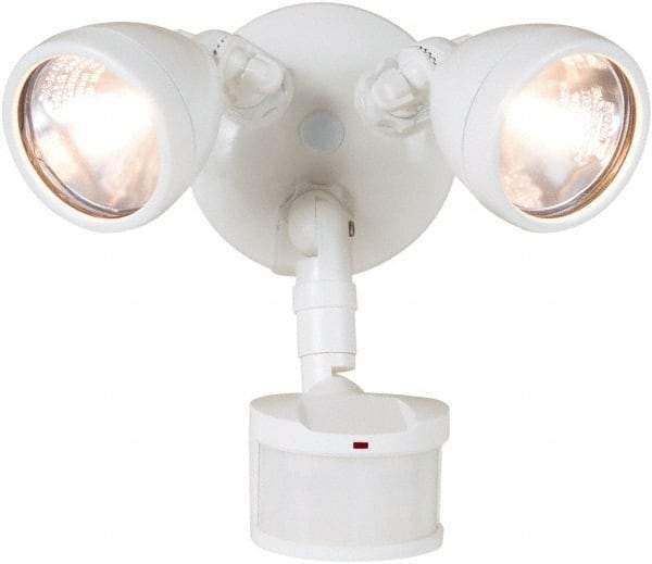 Cooper Lighting - 2 Head, 70 Ft. Detection, 270° Angle, Halogen Lamp Motion Sensing Light Fixture - 120 Volt, 200 Watt, Metal White Housing, Wall, Eave Mounted - Americas Industrial Supply