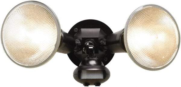 Cooper Lighting - 2 Head, 60 Ft. Detection, 110° Angle, PAR38 Lamp Motion Sensing Light Fixture - 120 Volt, 300 Watt, Plastic Black Housing, Wall, Eave Mounted - Americas Industrial Supply