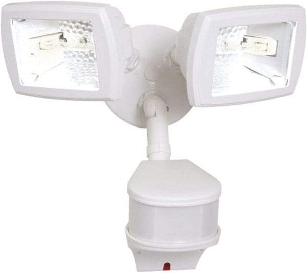 Cooper Lighting - 2 Head, 90 Ft. Detection, 270° Angle, Halogen Lamp Motion Sensing Light Fixture - 120 Volt, 200 Watt, Metal White Housing, Wall, Eave Mounted - Americas Industrial Supply