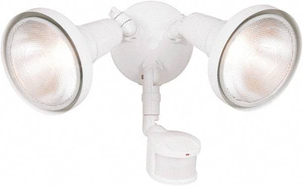 Cooper Lighting - 2 Head, 70 Ft. Detection, 180° Angle, PAR Lamp Motion Sensing Light Fixture - 120 Volt, 300 Watt, Metal White Housing, Wall, Eave Mounted - Americas Industrial Supply