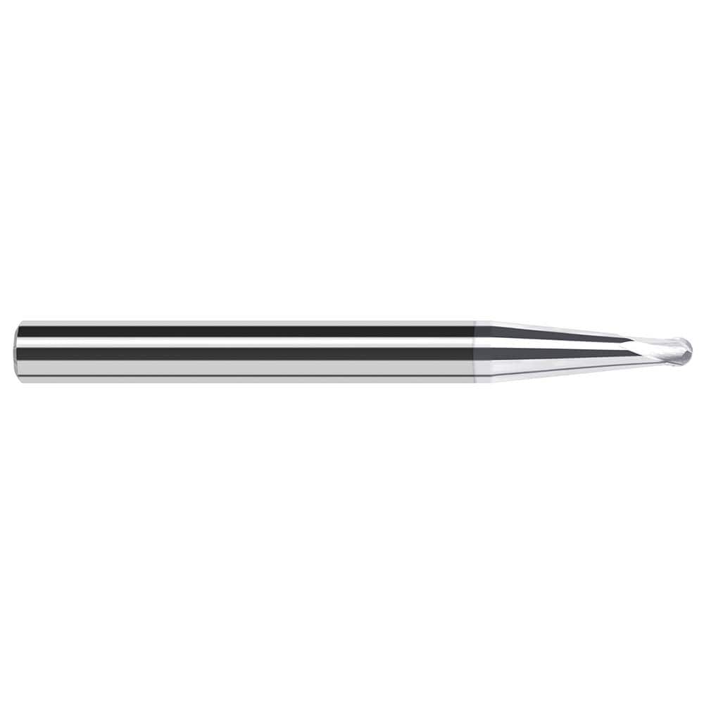 Ball End Mill: 0.078″ Dia, 0.062″ LOC, 2 Flute, Solid Carbide 2-1/2″ OAL, 1/4″ Shank Dia, 45 ° Helix, TiB2 Coated, Single End