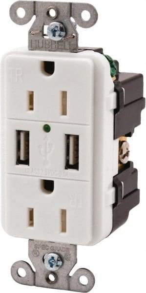 Hubbell Wiring Device-Kellems - 2 USB Port, 2 Receptacle, 125 VAC, 5 VDC USB Receptacle - 5-15R NEMA Configuration, 15 Amp, White, 3.8 Amp Charging Power, Screw Mount - Americas Industrial Supply