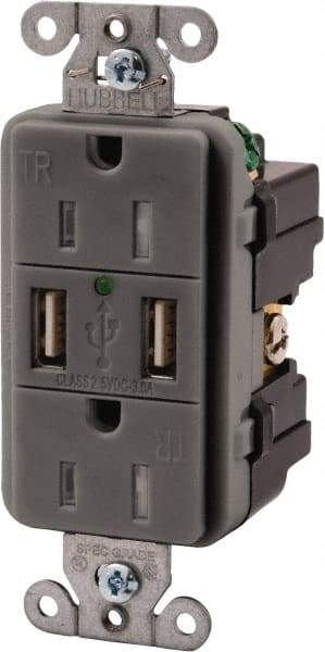 Hubbell Wiring Device-Kellems - 2 USB Port, 2 Receptacle, 125 VAC, 5 VDC USB Receptacle - 5-15R NEMA Configuration, 15 Amp, Gray, 3.8 Amp Charging Power, LED Indicator Light - Americas Industrial Supply