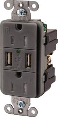 Hubbell Wiring Device-Kellems - 2 USB Port, 2 Receptacle, 125 VAC, 5 VDC USB Receptacle - 5-15R NEMA Configuration, 15 Amp, Gray, 3.8 Amp Charging Power, LED Indicator Light - Americas Industrial Supply