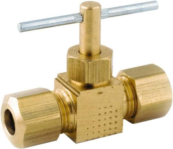 ANDERSON METALS - 5/16 x 5/16" Pipe, Inline Metal Seat Needle Valve - Brass Seal, Compression x Compression Ends, Lead Free Brass Valve, 150 Max psi - Americas Industrial Supply