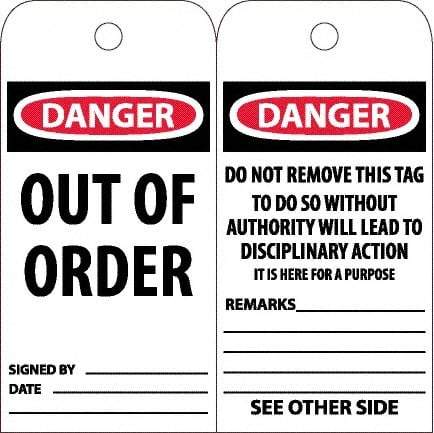 NMC - 6" High x 3" Long, DANGER - OUT OF ORDER, English Safety & Facility Accident Prevention Tag - Tag Header: Danger, 2 Sides, White Poly - Americas Industrial Supply