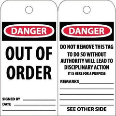 NMC - 6" High x 3" Long, DANGER - OUT OF ORDER, English Safety & Facility Accident Prevention Tag - Tag Header: Danger, 2 Sides, White Poly - Americas Industrial Supply