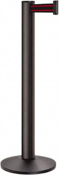 Lavi Industries - 40" High, 2-3/4" Pole Diam, Stanchion - 14" Base Diam, Dome Cast Iron Base, Black Aluminum Post, 13' x 2" Tape, Single Line Tape - Americas Industrial Supply
