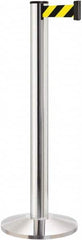 Lavi Industries - 40" High, 2-3/4" Pole Diam, Stanchion - 14" Base Diam, Dome Cast Iron Base, Polished Chrome (Color) Aluminum Post, 13' x 2" Tape, Single Line Tape - Americas Industrial Supply