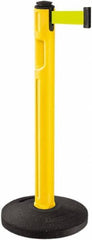 Lavi Industries - 38-1/4" High, 3-1/4" Pole Diam, Stanchion - 16" Base Diam, Dome Recycled Rubber Base, Yellow Plastic Post, 12' x 2" Tape, Single Line Tape, For Outdoor Use - Americas Industrial Supply