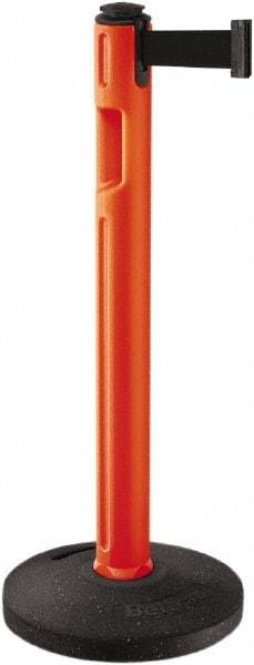 Lavi Industries - 38-1/4" High, 3-1/4" Pole Diam, Stanchion - 16" Base Diam, Dome Recycled Rubber Base, Orange Plastic Post, 12' x 2" Tape, Single Line Tape, For Outdoor Use - Americas Industrial Supply