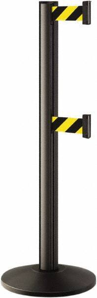 Lavi Industries - 40" High, 2-3/4" Pole Diam, Stanchion - 14" Base Diam, Dome Cast Iron Base, Black Aluminum Post, 7' x 2" Tape, Single Line Tape - Americas Industrial Supply