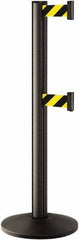 Lavi Industries - 40" High, 2-3/4" Pole Diam, Stanchion - 14" Base Diam, Dome Cast Iron Base, Black Aluminum Post, 7' x 2" Tape, Single Line Tape - Americas Industrial Supply