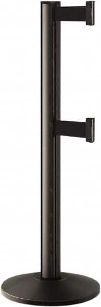 Lavi Industries - 40" High, 2-3/4" Pole Diam, Stanchion - 14" Base Diam, Dome Cast Iron Base, Black Aluminum Post, 7' x 2" Tape, Single Line Tape - Americas Industrial Supply