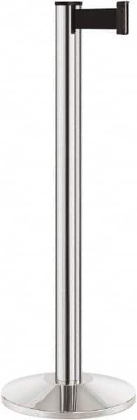 Lavi Industries - 40" High, 2-3/4" Pole Diam, Stanchion - 14" Base Diam, Dome Cast Iron Base, Polished Chrome (Color) Aluminum Post, 7' x 2" Tape, Single Line Tape - Americas Industrial Supply
