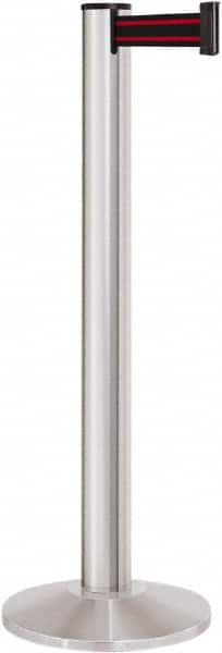 Lavi Industries - 40" High, 2-3/4" Pole Diam, Stanchion - 14" Base Diam, Dome Cast Iron Base, Satin Chrome (Color) Aluminum Post, 13' x 2" Tape, Single Line Tape - Americas Industrial Supply