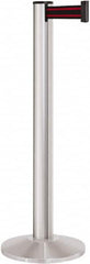 Lavi Industries - 40" High, 2-3/4" Pole Diam, Stanchion - 14" Base Diam, Dome Cast Iron Base, Satin Chrome (Color) Aluminum Post, 13' x 2" Tape, Single Line Tape - Americas Industrial Supply