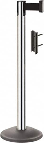Lavi Industries - 38-1/2" High, 2-3/4" Pole Diam, Stanchion - 12-1/2" Base Diam, Round Steel Base, Polished Chrome (Color) Steel Post, 7' x 2" Tape, Single Line Tape - Americas Industrial Supply