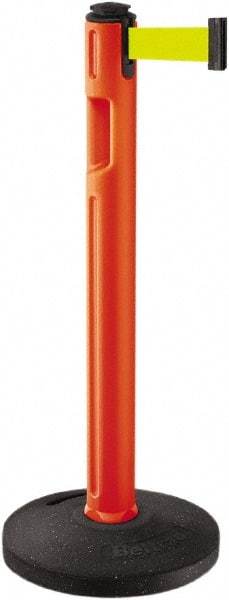 Lavi Industries - 38-1/4" High, 3-1/4" Pole Diam, Stanchion - 16" Base Diam, Dome Recycled Rubber Base, Orange Plastic Post, 12' x 2" Tape, Single Line Tape, For Outdoor Use - Americas Industrial Supply