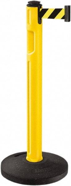 Lavi Industries - 38-1/4" High, 3-1/4" Pole Diam, Stanchion - 16" Base Diam, Dome Recycled Rubber Base, Yellow Plastic Post, 12' x 2" Tape, Single Line Tape, For Outdoor Use - Americas Industrial Supply