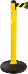 Lavi Industries - 38-1/4" High, 3-1/4" Pole Diam, Stanchion - 16" Base Diam, Dome Recycled Rubber Base, Yellow Plastic Post, 12' x 2" Tape, Single Line Tape, For Outdoor Use - Americas Industrial Supply